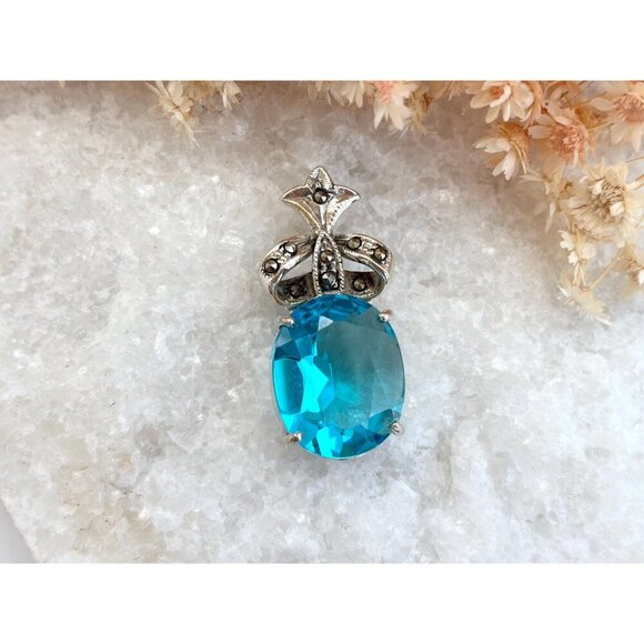 Blue Topaz Gemstone Art Deco Sterling Silver Vintage 925 Statement Pendant - Picture 2 of 7